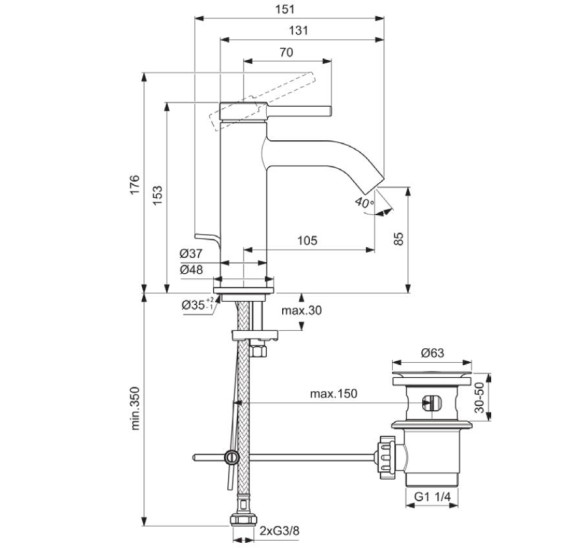 Ideal Standard CERALINE Nuovo H85 maišytuvas praustuvui su dugno vožtuvu