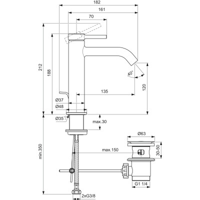 Ideal Standard CERALINE Nuovo H120 maišytuvas praustuvui su metaliniu dugno vožtuvu