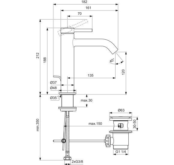 Ideal Standard CERALINE Nuovo H120 maišytuvas praustuvui su metaliniu dugno vožtuvu