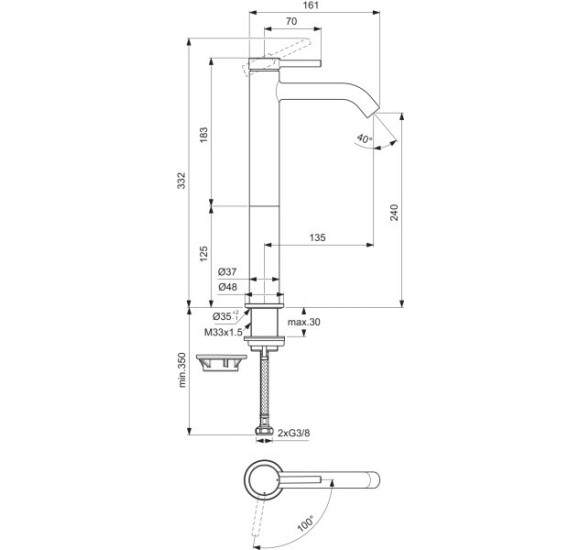 Ideal Standard CERALINE Nuovo H240 maišytuvas praustuvui be dugno vožtuvo, BlueStart