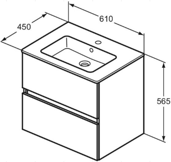 KOMPLEKTAS: Ideal Standard Eurovit pakabinama vonios spintelė su praustuvu 60 cm, 2 stalčiai, soft close uždarymas