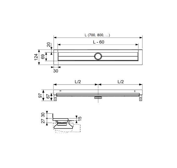 TECElinus dušo latako komplektas, montuojamas prie sienos, pasirinkite dydį