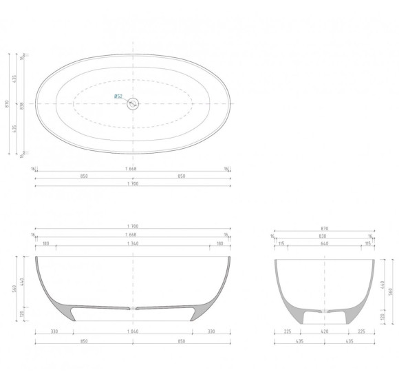 Lieto akmens vonia Inbalia Mykonos, 170x87cm, sifonas su baltu vonios spalvos dangteliu