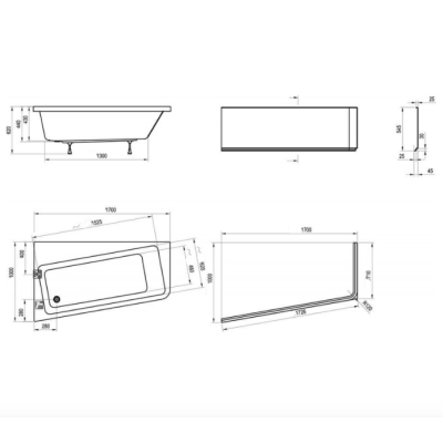 Ravak 10° 170x100, asimetrinė vonia, akrilas (pasirinkite pusę)