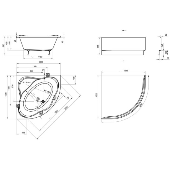 Ravak NewDay 150x150, kampinė vonia, akrilas