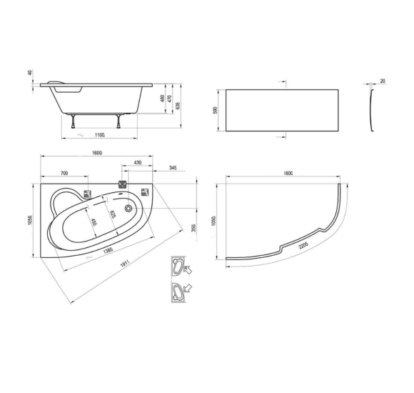 Ravak Asymmetric 160x105, asimetrinė vonia, akrilas (pasirinkitę pusę)