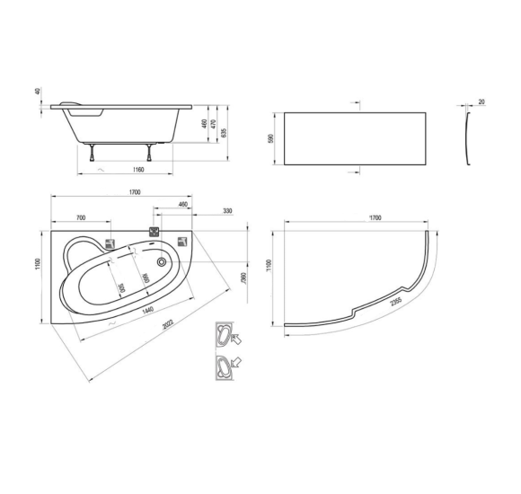 Ravak Asymmetric 170x110, asimetrinė vonia, akrilas