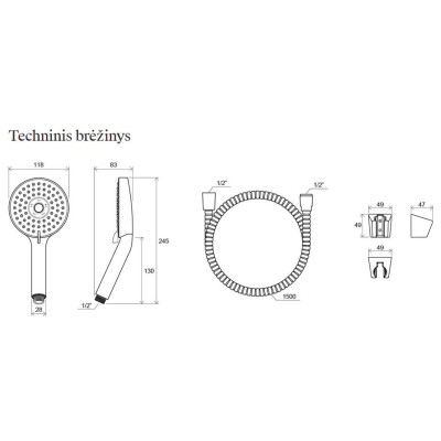 RAVAK dušo galvutės komplektas 903.00 (dušo galvutė, dušo žarna 150 cm, laikiklis)