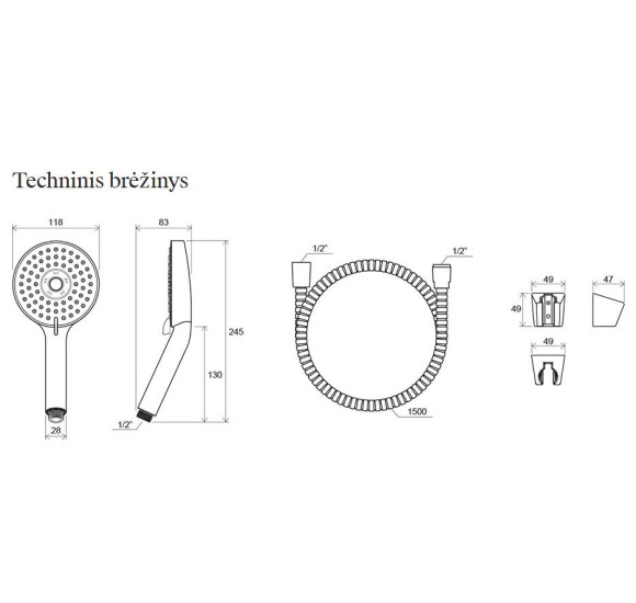 RAVAK dušo galvutės komplektas 903.00 (dušo galvutė, dušo žarna 150 cm, laikiklis)