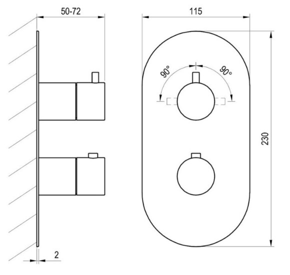 Ravak Espirit termostatinis potinkinis vonios/dušo maišytuvas, 2 krypčių su jungikliu, be korpuso, pasirinkite spalvą