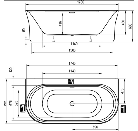 Ravak Ypsilon Wall 178x86 cm, glaudžiama prie sienos vonia, akrilas