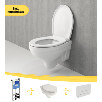 KOMPLEKTAS 3in1 - Bocchi Taormina Pro pakabinamas klozetas su Ideal Standard WC rėmu ir baltu mygtuku