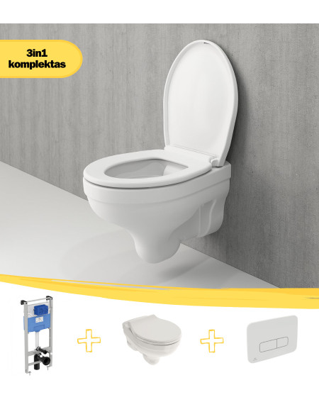 KOMPLEKTAS 3in1 - Bocchi Taormina Pro pakabinamas klozetas su Ideal Standard WC rėmu ir baltu mygtuku