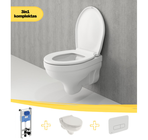 KOMPLEKTAS 3in1 - Bocchi Taormina Pro pakabinamas klozetas su Ideal Standard WC rėmu ir baltu mygtuku