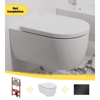 KOMPLEKTAS 3in1 - Ideal Standard Blend Curve pakabinamas klozetas su TECEprofil WC rėmu ir juodu matiniu mygtuku