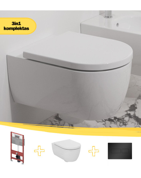 KOMPLEKTAS 3in1 - Ideal Standard Blend Curve pakabinamas klozetas su TECEprofil WC rėmu ir juodu matiniu mygtuku