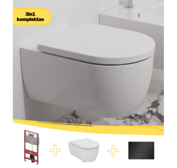 KOMPLEKTAS 3in1 - Ideal Standard Blend Curve pakabinamas klozetas su TECEprofil WC rėmu ir juodu matiniu mygtuku