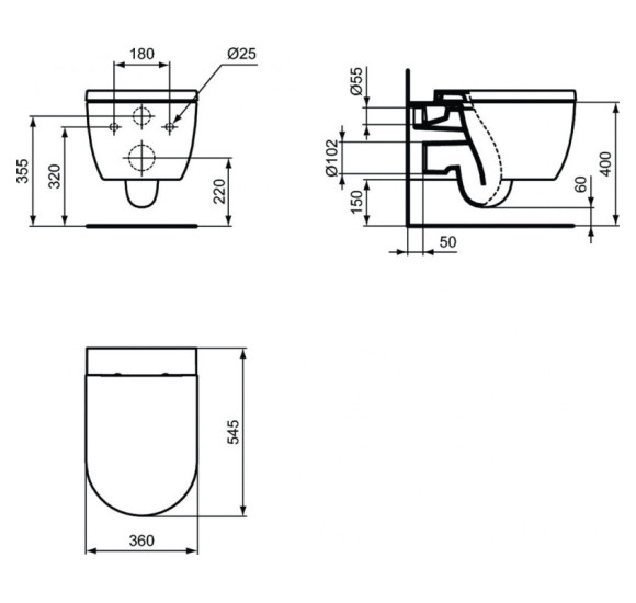 KOMPLEKTAS 3in1 - Ideal Standard Blend Curve pakabinamas klozetas su TECEprofil WC rėmu ir juodu matiniu mygtuku