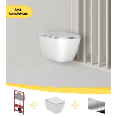KOMPLEKTAS 3in1 - Ideal Standard i.life B pakabinamas unitazas "Rimless" su su TECEprofil WC rėmu ir chromo spalvos mygtuku