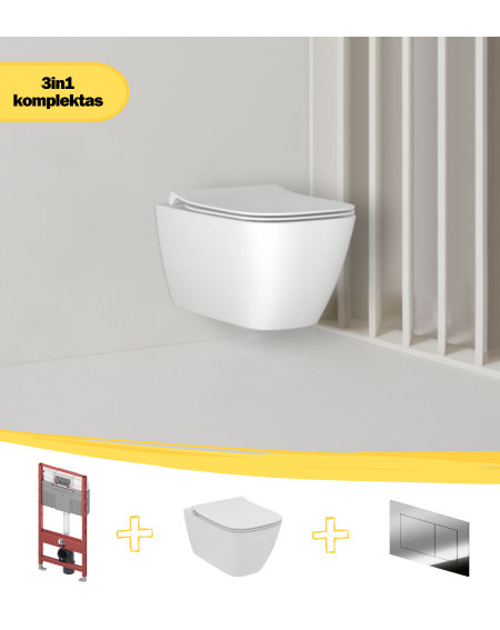 KOMPLEKTAS 3in1 - Ideal Standard i.life B pakabinamas unitazas "Rimless" su su TECEprofil WC rėmu ir chromo spalvos mygtuku