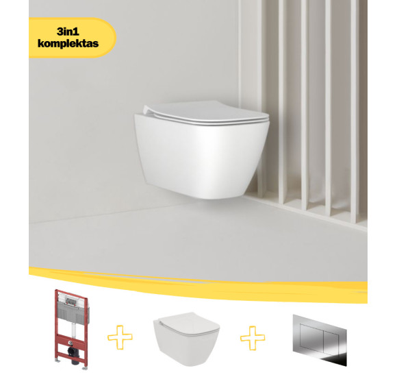 KOMPLEKTAS 3in1 - Ideal Standard i.life B pakabinamas unitazas "Rimless" su su TECEprofil WC rėmu ir chromo spalvos mygtuku