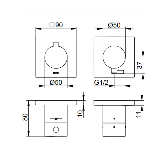 Keuco Edition 11 potinkinis termostatinis dušo maišytuvas, dviejų krypčių, su dušo žarnos išvestimi, pasirinkite spalvą