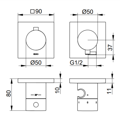 Keuco Edition 11 potinkinis termostatinis dušo maišytuvas, 3 krypčių, su dušo žarnos išvestimi ir laikikliu, pasirinkite spalvą