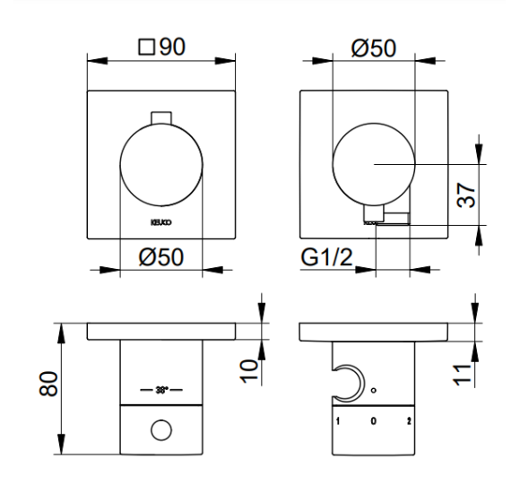 Keuco Edition 11 potinkinis termostatinis dušo maišytuvas, 3 krypčių, su dušo žarnos išvestimi ir laikikliu, pasirinkite spalvą