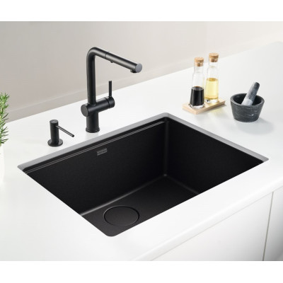 KOMPLEKTAS 3in1 - Franke Active L maišytuvas su ištraukiamu dušeliu, granitine plautuve ir sifonu, juodos matinės spalvos