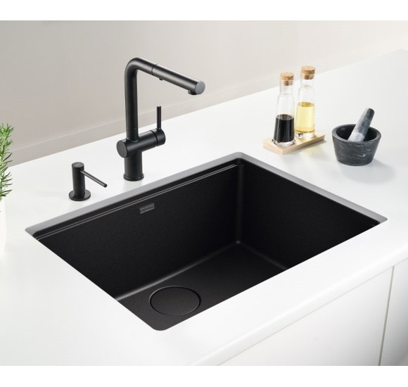 KOMPLEKTAS 3in1 - Franke Active L maišytuvas su ištraukiamu dušeliu, granitine plautuve ir sifonu, juodos matinės spalvos