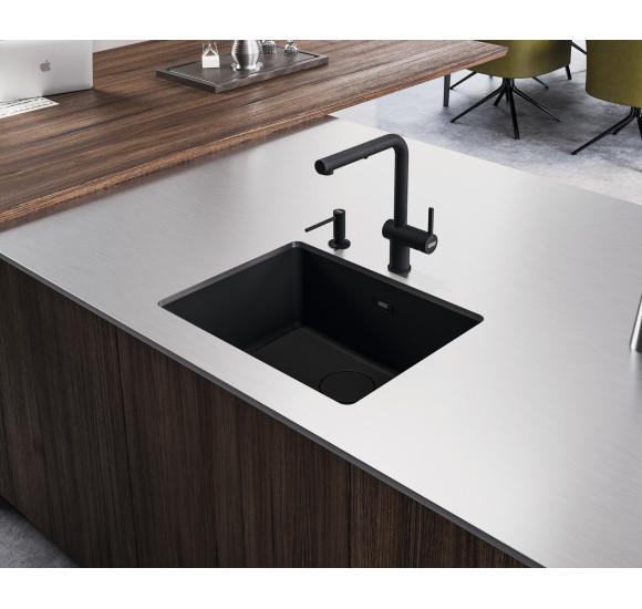 KOMPLEKTAS 3in1 - Franke Active L maišytuvas su ištraukiamu dušeliu, granitine plautuve ir sifonu, juodos matinės spalvos