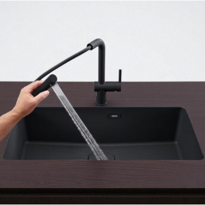 KOMPLEKTAS 3in1 - Franke Active L maišytuvas su ištraukiamu dušeliu, granitine plautuve ir sifonu, juodos matinės spalvos