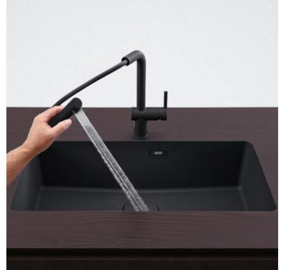 KOMPLEKTAS 3in1 - Franke Active L maišytuvas su ištraukiamu dušeliu, granitine plautuve ir sifonu, juodos matinės spalvos