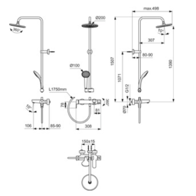 Ideal Standard Cerafine O vonios/dušo sistema juoda matinė , 20 cm apvali dušo galva