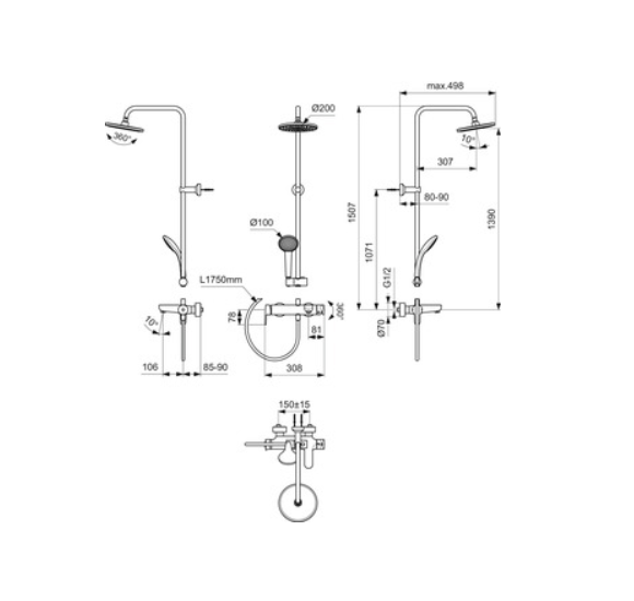 Ideal Standard Cerafine O vonios/dušo sistema juoda matinė , 20 cm apvali dušo galva