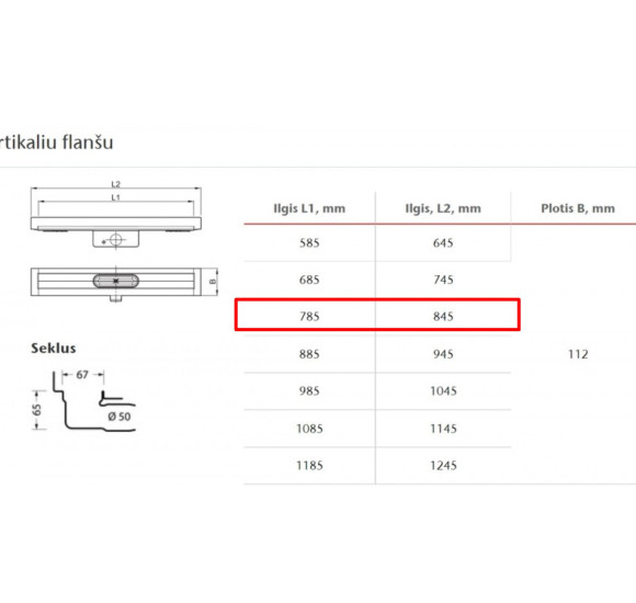 ACO Showerdrain C+ dušo latako komplektas 5in1 (įklijuojamai plytelei,montuojamas prie sienos), 785mm