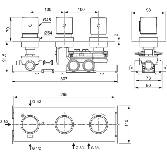 Ideal Standard Ceratherm C100 potinkinis, termostatinis 3 krypčių vonios ir dušo maišytuvas, pasirinkite spalvą