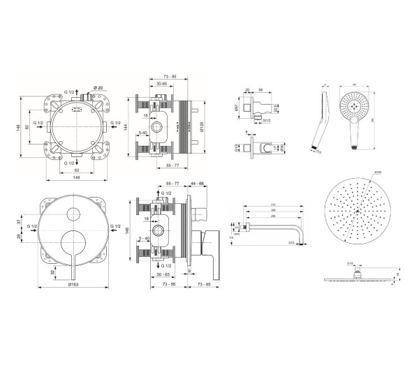 Ideal Standard potinkinės dušo sistemos komplektas, chromo spalvos, 30cm dušo galva