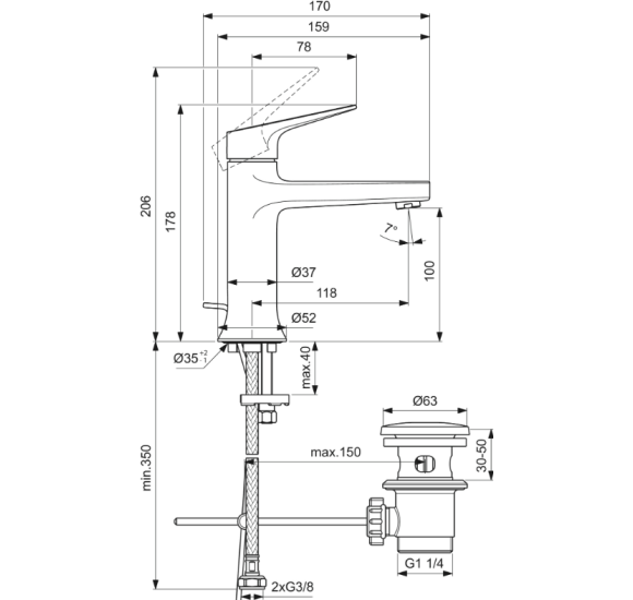 Ideal Standard La Dolce Vita praustuvo maišytuvas su dugno vožtuvu, pasirinkite spalvą