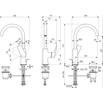 Ideal Standard La Dolce Vita aukštas praustuvo maišytuvas su dugno vožtuvu BD657GN, pasirinkite spalvą