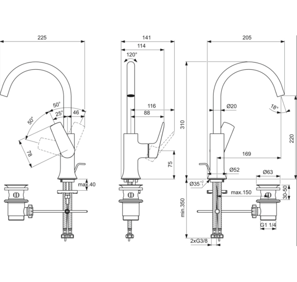 Ideal Standard La Dolce Vita aukštas praustuvo maišytuvas su dugno vožtuvu BD657GN, pasirinkite spalvą
