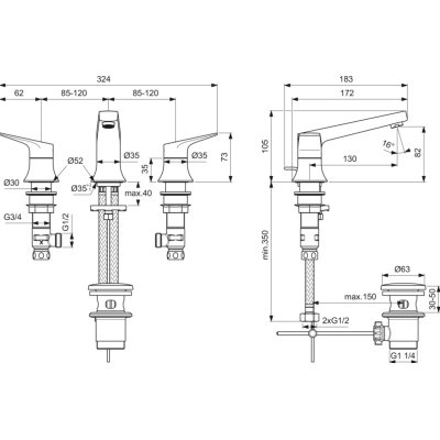 Ideal Standard La Dolce Vita 3-jų dalių praustuvo maišytuvas su dugno vožtuvu BD661A2, pasirinkite spalvą