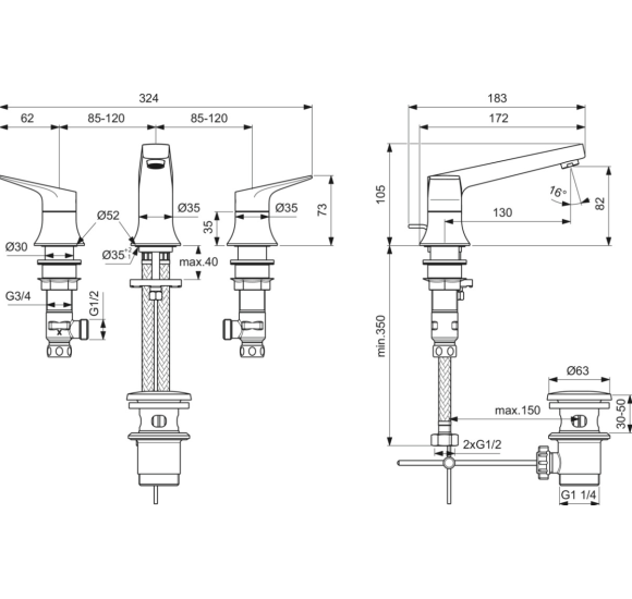 Ideal Standard La Dolce Vita 3-jų dalių praustuvo maišytuvas su dugno vožtuvu BD661A2, pasirinkite spalvą