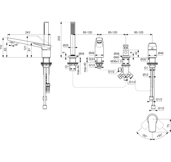 Ideal Standard La Dolce Vita 4-jų dalių maišytuvas voniai BD671GN, pasirinkite spalvą