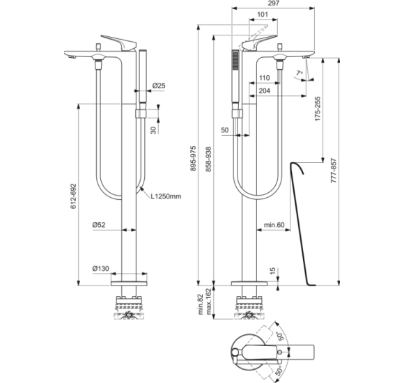Ideal Standard La Dolce Vita Grindinis vonios maišytuvas su rankiniu dušeliu BD673AA, pasirinkite spalvą