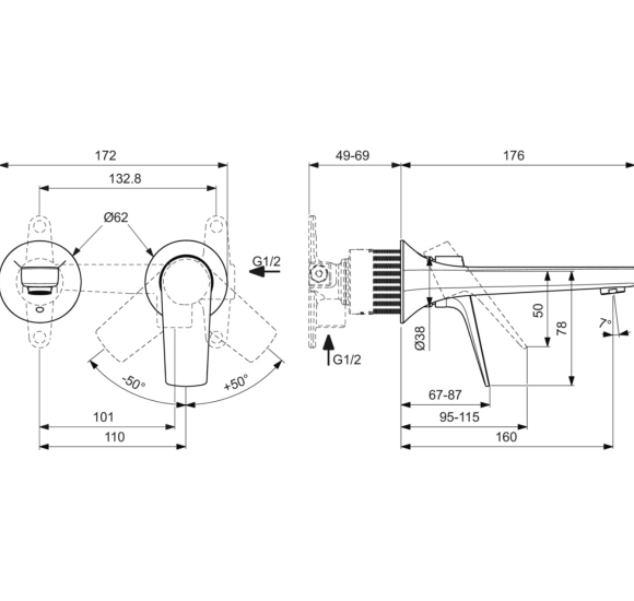 Ideal Standard La Dolce Vita sieninis praustuvo maišytuvas, be potinkinės dalies, 160mm, pasirinkite spalvą
