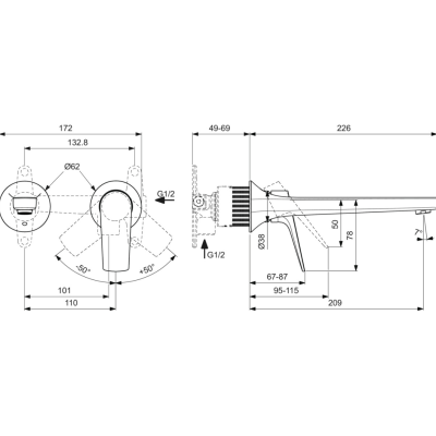 Ideal Standard La Dolce Vita sieninis praustuvo maišytuvas, be potinkinės dalies, 210mm, pasirinkite spalvą