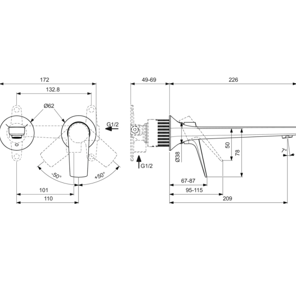 Ideal Standard La Dolce Vita sieninis praustuvo maišytuvas, be potinkinės dalies, 210mm, pasirinkite spalvą