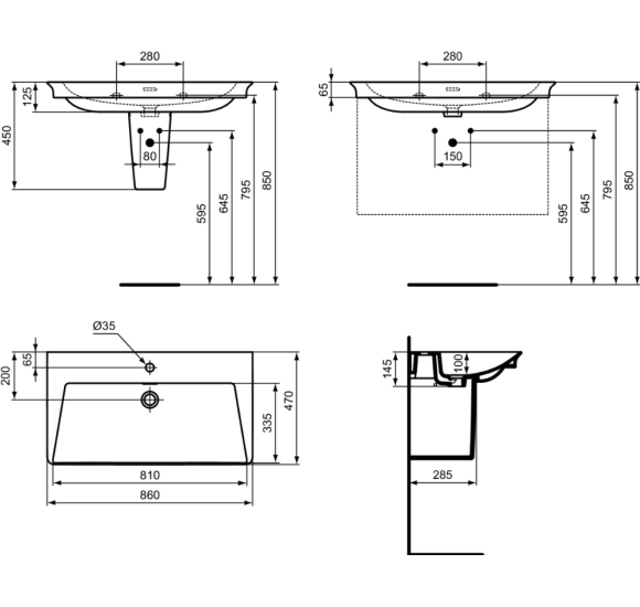 Ideal Standard La Dolce Vita  praustuvas 860x470x145, baltos spalvos, su anga maišytuvui ir perlaja