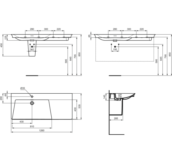 Ideal Standard La Dolce Vita  praustuvas 1260x535x145, baltos spalvos, su anga maišytuvui ir perlaja